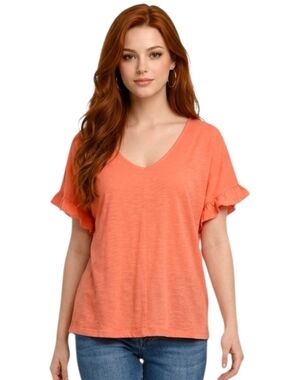 St John's Bay Orange V-neck Drop Sleeve Ruffle Detail Cotton Blouse Size XL